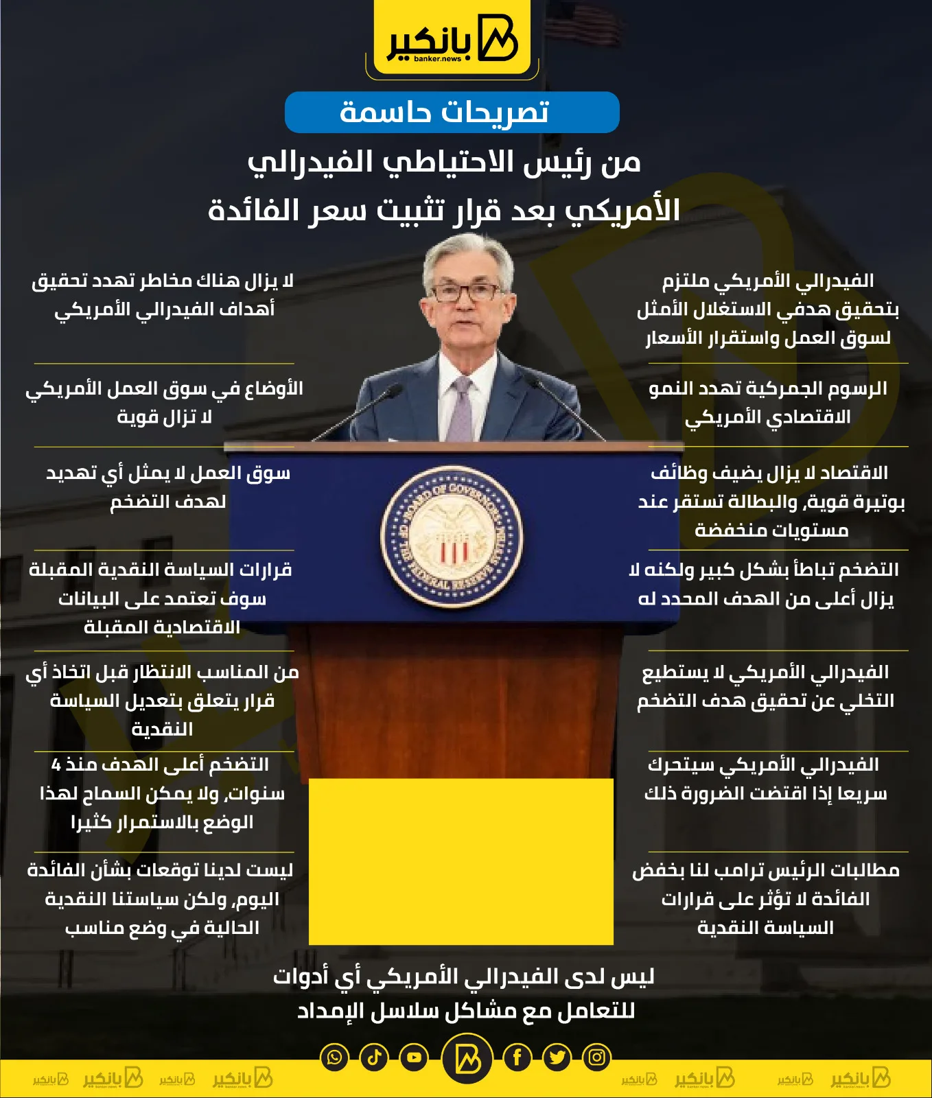 تصريحات حاسمة من رئيس الاحتياطي الفيدرالي الأمريكي بعد قرار تثبيت سعر الفائدة | إنفوجراف
