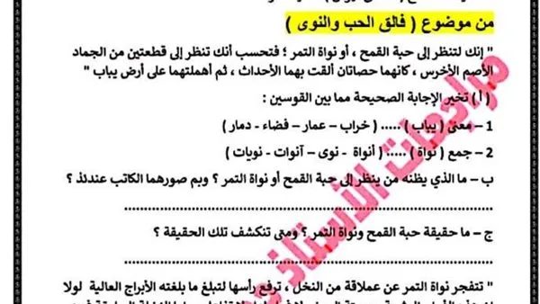 تقرير عن مواد مراجعة ليلة امتحان اللغة العربية للصف الثالث الإعدادي