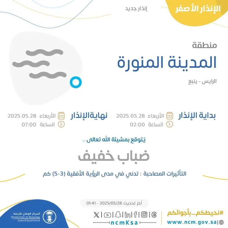 توقعات الطقس اليوم في المدينة المنورة: تنبيه إنذاري أصفر في الرايس وينبع توقعات الطقس اليوم في المدينة المنورة: تنبيه إنذاري أصفر في الرايس وينبع