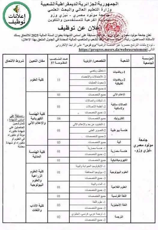 جامعة مولود معمري في الجزائر تحتاج إلى تعيين أعضاء هيئة التدريس جامعة مولود معمري في الجزائر تحتاج إلى تعيين أعضاء هيئة التدريس