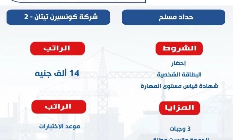 جبران: 600 وظيفة متاحة كـ “حداد مسلح” في مشروع محطة الضبعة النووية جبران: 600 وظيفة متاحة كـ “حداد مسلح” في مشروع محطة الضبعة النووية