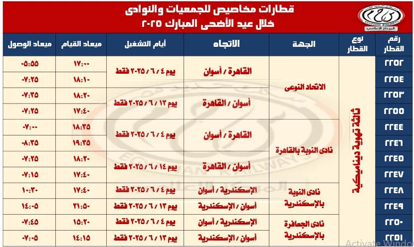 جدول رحلات قطارات عيد الأضحى 2025 الشامل جدول رحلات قطارات عيد الأضحى 2025 الشامل