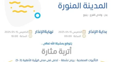 حالة الطقس اليوم في المدينة المنورة: تنبيه أصفر في بدر ووادي الفرع وينبع