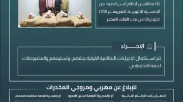 حرس الحدود في جازان يعتقل أربعة أشخاص مخالفين لنظام أمن الحدود بتهمة تهريب 120 كيلوغراماً من نبات القات المخدر.