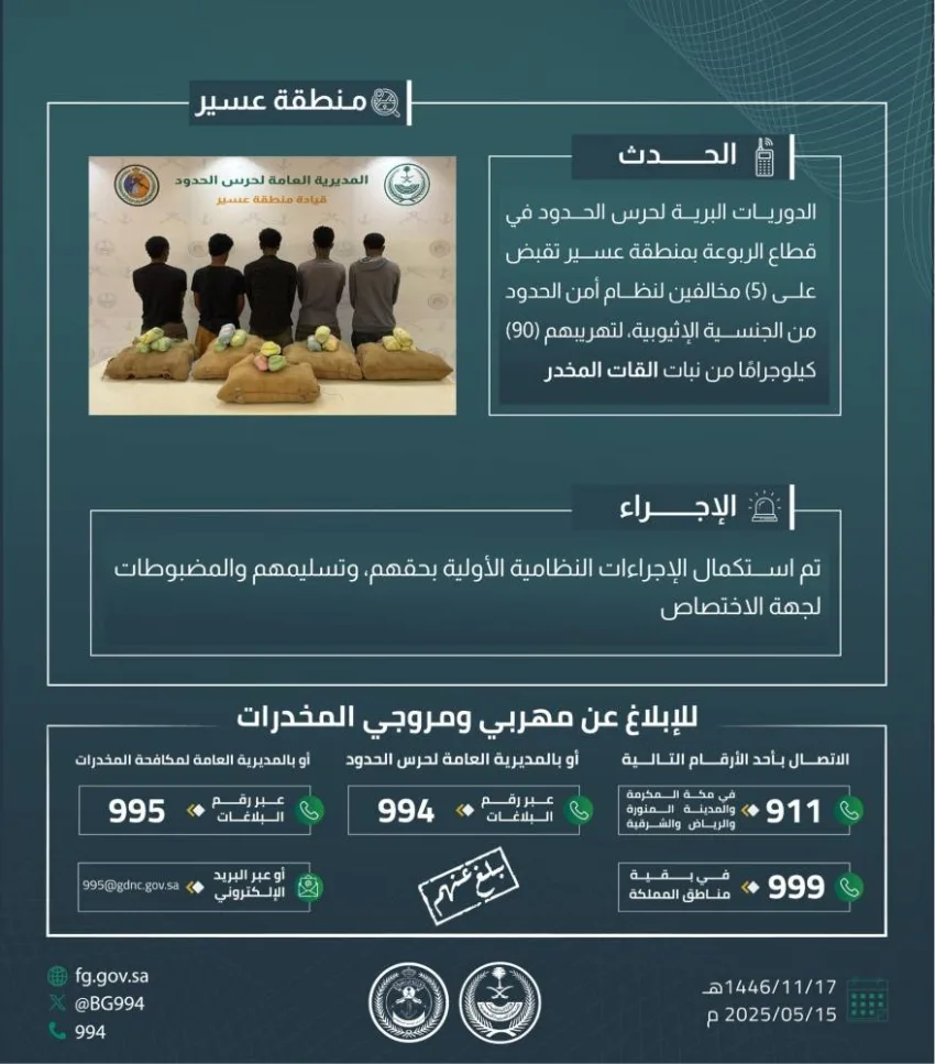 حرس الحدود في عسير ي arrest خمسة أشخاص خالفوا نظام أمن الحدود لقيامهم بتهريب 90 كيلوغرامًا من نبتة القات المخدرة.