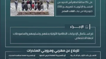 حرس الحدود في عسير يعتقل 15 شخصًا مخالفًا لنظام أمن الحدود بتهمة تهريب 330 كيلوجرامًا من نبات القات المخدر.
