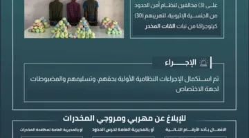 حرس الحدود في عسير يعتقل ثلاثة أشخاص مخالفين لنظام الأمن بسبب تهريبهم 30 كجم من نبات القات المحظور.