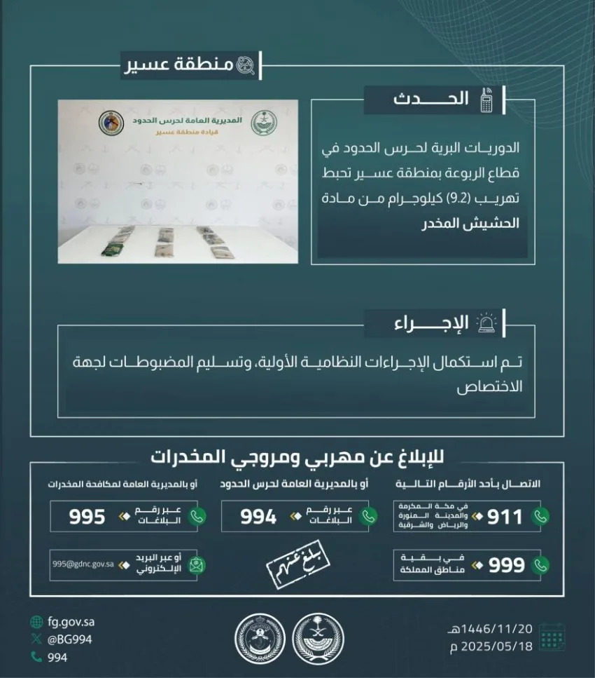 حرس الحدود في عسير ينجح في ضبط 9.2 كيلوغرام من مادة الحشيش المخدر. حرس الحدود في عسير ينجح في ضبط 9.2 كيلوغرام من مادة الحشيش المخدر.