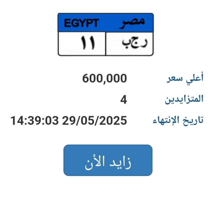 سعرها وصل إلى 600 ألف جنيه.. مزاد على لوحة سيارة فريدة (ر ج ب- 11) سعرها وصل إلى 600 ألف جنيه.. مزاد على لوحة سيارة فريدة (ر ج ب- 11)