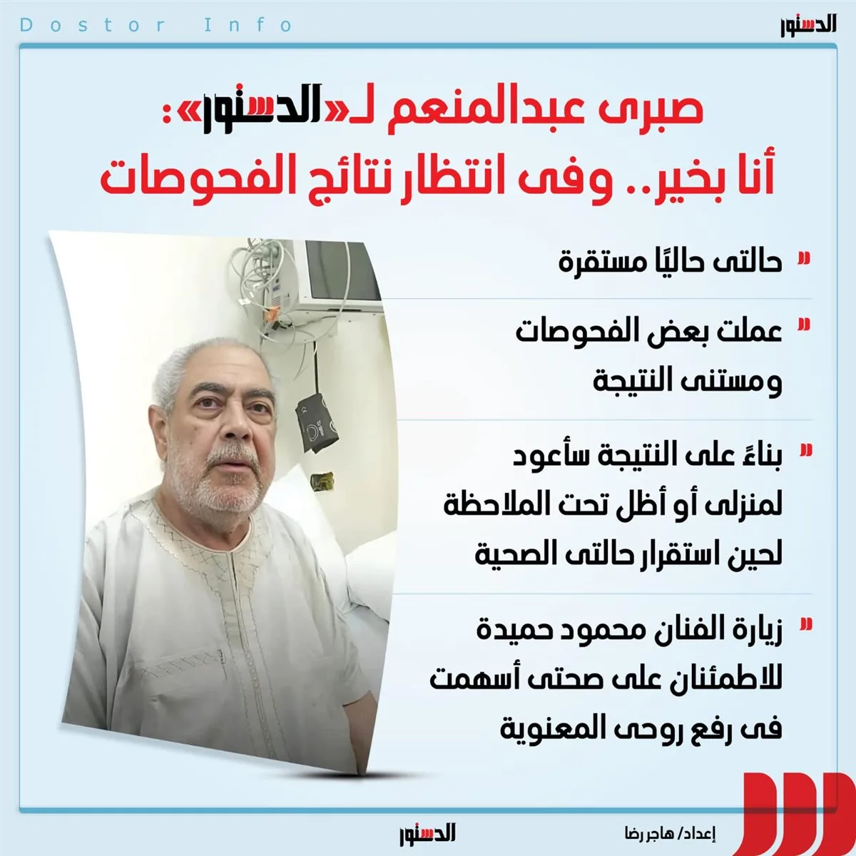 صبري عبدالمنعم لـ”الدستور”: حالتي الصحية جيدة.. وأنتظر نتائج التحاليل صبري عبدالمنعم لـ”الدستور”: حالتي الصحية جيدة.. وأنتظر نتائج التحاليل