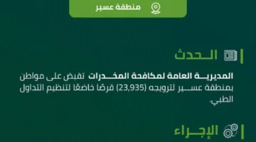 ضبط شخص في عسير أثناء ترويجه لـ 23,935 قرصًا خاضعًا لتنظيم التداول الطبي من قبل مكافحة المخدرات