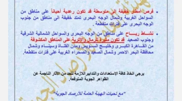 طقس غدًا السبت: توقعات بأمطار رعدية وزيادة في سرعة الرياح، وفقًا للأرصاد الجوية