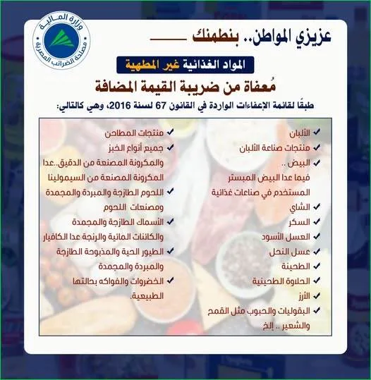 عاجل.. “الضرائب” تعلن إعفاء المواد الغذائية غير المطهية من ضريبة القيمة المضافة عاجل.. “الضرائب” تعلن إعفاء المواد الغذائية غير المطهية من ضريبة القيمة المضافة