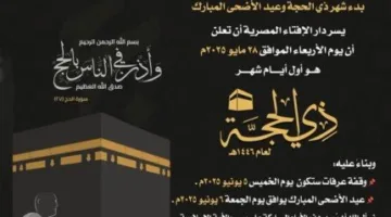 عاجل.. هيئة الإفتاء تحدد يوم الجمعة 6 يونيو 2025 كأول أيام عيد الأضحى