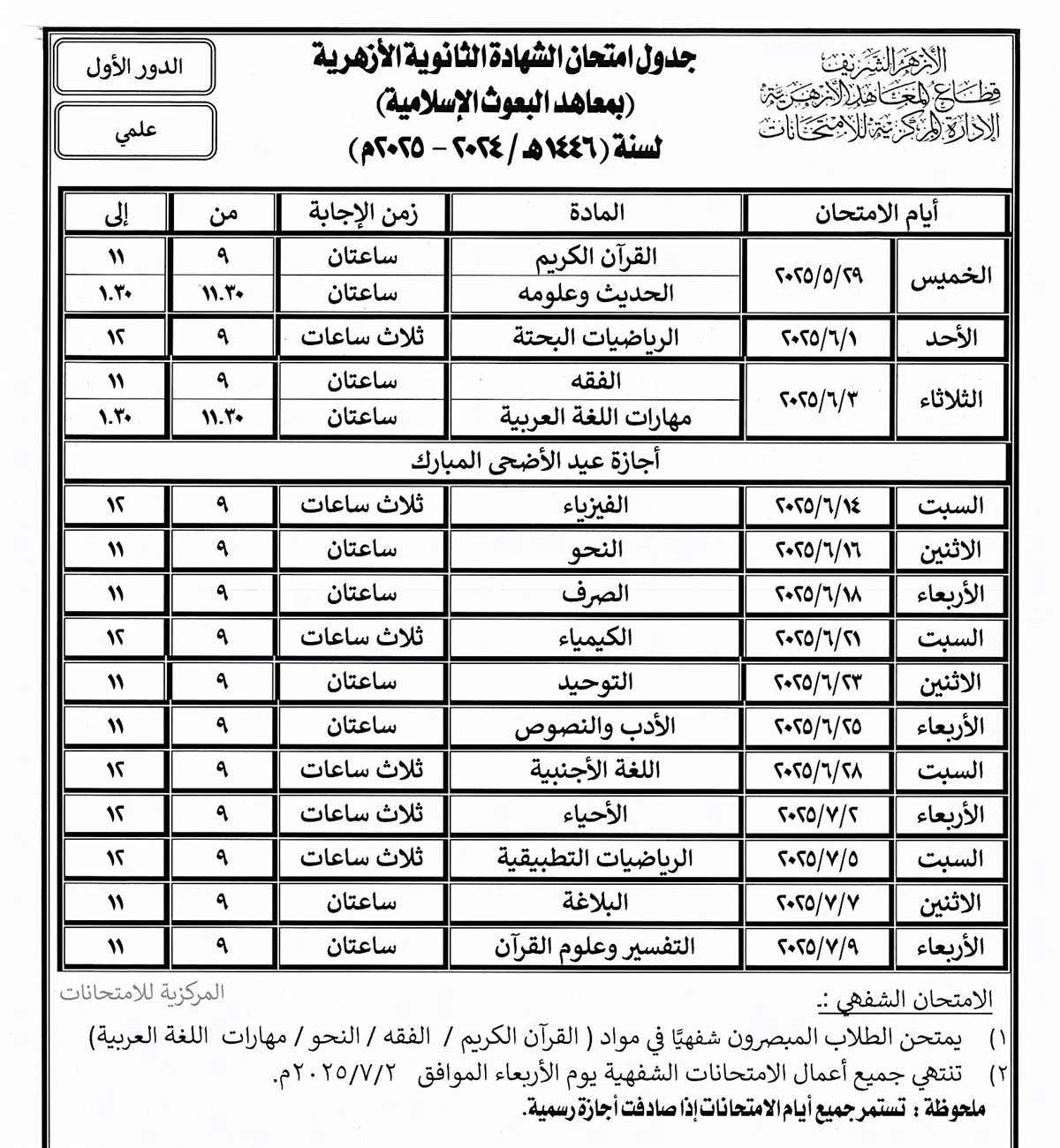 قبل انطلاقها.. ننشر جدول امتحانات الشهادة الثانوية الأزهرية 2025