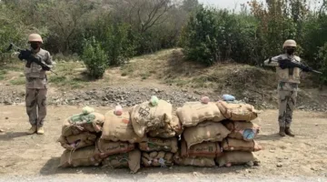 قوات حرس الحدود في جازان تضبط 5 أشخاص لتهريب 100 كيلوغرام من القات المخدر.