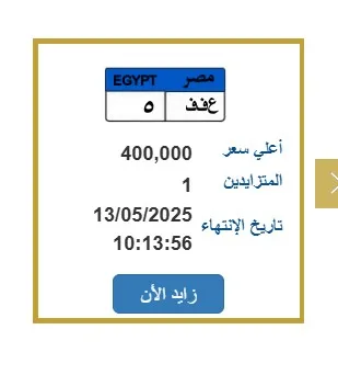 لوحة سيارة مميزة تحمل رقم «ع ف ف –5» يصل سعرها لـ 400 ألف جنيه