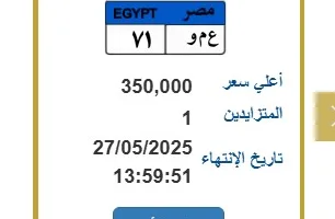 مزاد على لوحة سيارة فريدة برقم “ع م و– 71” بسعر 350 ألف جنيه