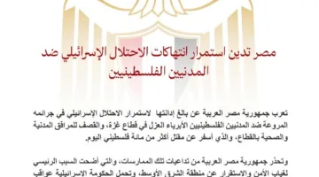 مصر تعبر عن استنكارها لاستمرار الاعتداءات الإسرائيلية على المدنيين الفلسطينيين