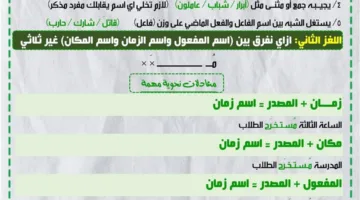 ملخص قواعد اللغة العربية في 11 ورقة للصف الثالث الإعدادي