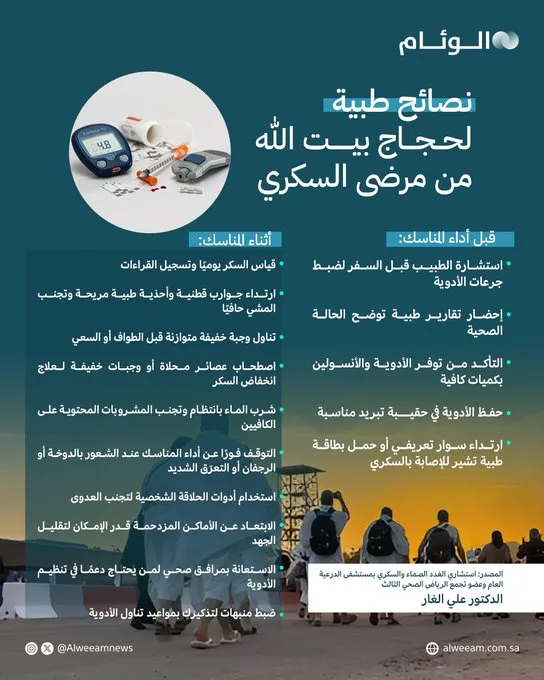 نصائح صحية لحجاج بيت الله من ذوي مرض السكري نصائح صحية لحجاج بيت الله من ذوي مرض السكري