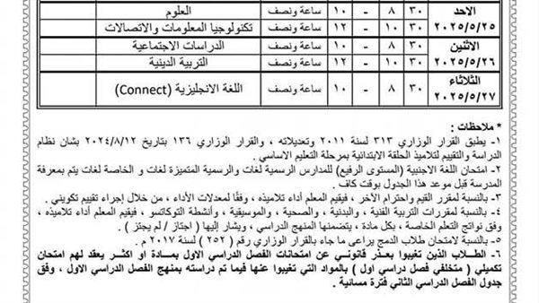 ننشر جداول امتحانات النقل للفصل الدراسى الثانى فى مدارس الفيوم