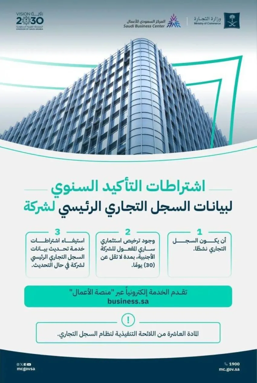 وزارة التجارة توضح شروط التحقق السنوي لبيانات السجل التجاري للشركات وزارة التجارة توضح شروط التحقق السنوي لبيانات السجل التجاري للشركات