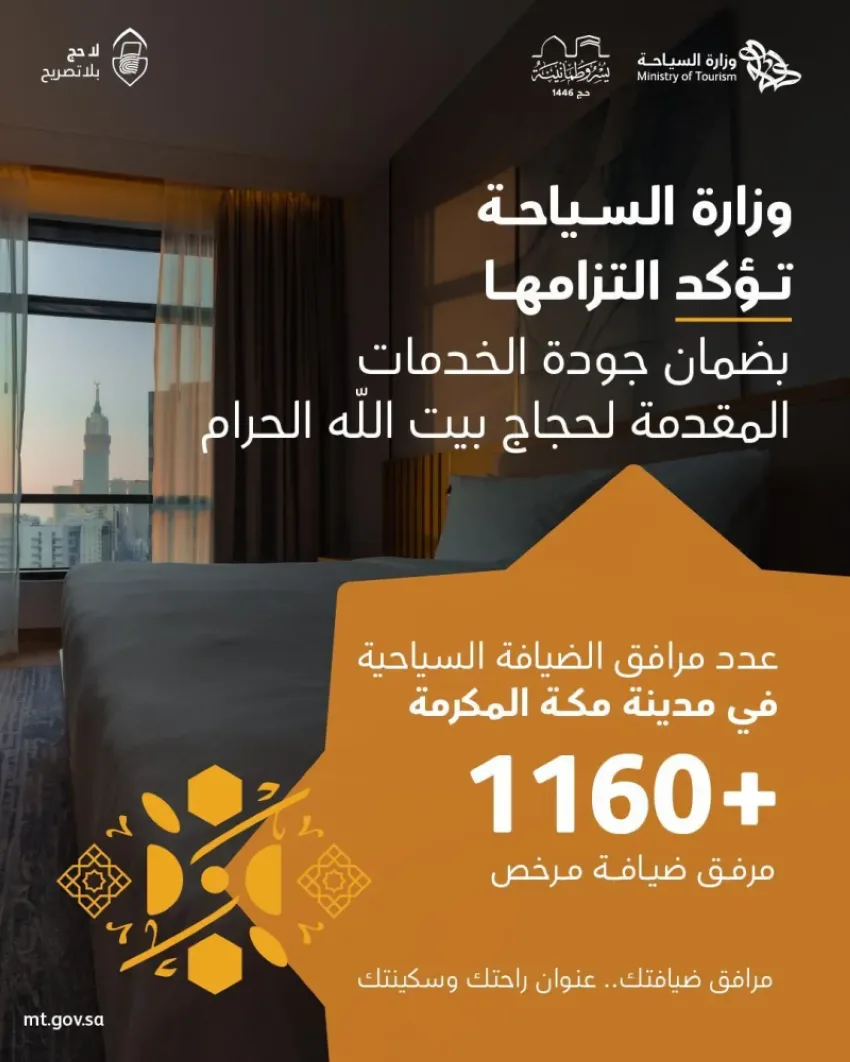 وزارة السياحة: عدد المنشآت السياحية المرخصة في مكة المكرمة يتجاوز 1,160 منشأة. وزارة السياحة: عدد المنشآت السياحية المرخصة في مكة المكرمة يتجاوز 1,160 منشأة.