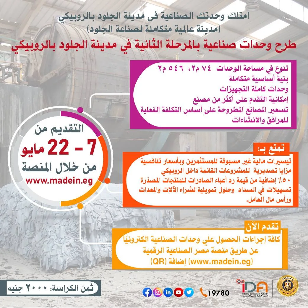 وزارة الصناعة تمد فترة التقديم على الوحدات الصناعية وتطرح وحدات جديدة بالروبيكي