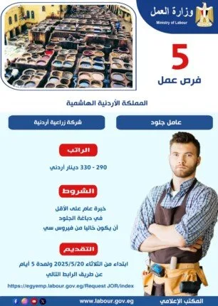 «وزارة العمل»: إنشاء فرص عمل في قطاع دباغة الجلود بالأردن «وزارة العمل»: إنشاء فرص عمل في قطاع دباغة الجلود بالأردن