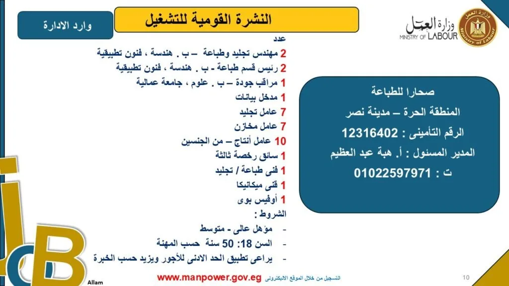 وزارة العمل تكشف عن فرص عمل جديدة في القاهرة.. اكتشف التفاصيل وزارة العمل تكشف عن فرص عمل جديدة في القاهرة.. اكتشف التفاصيل