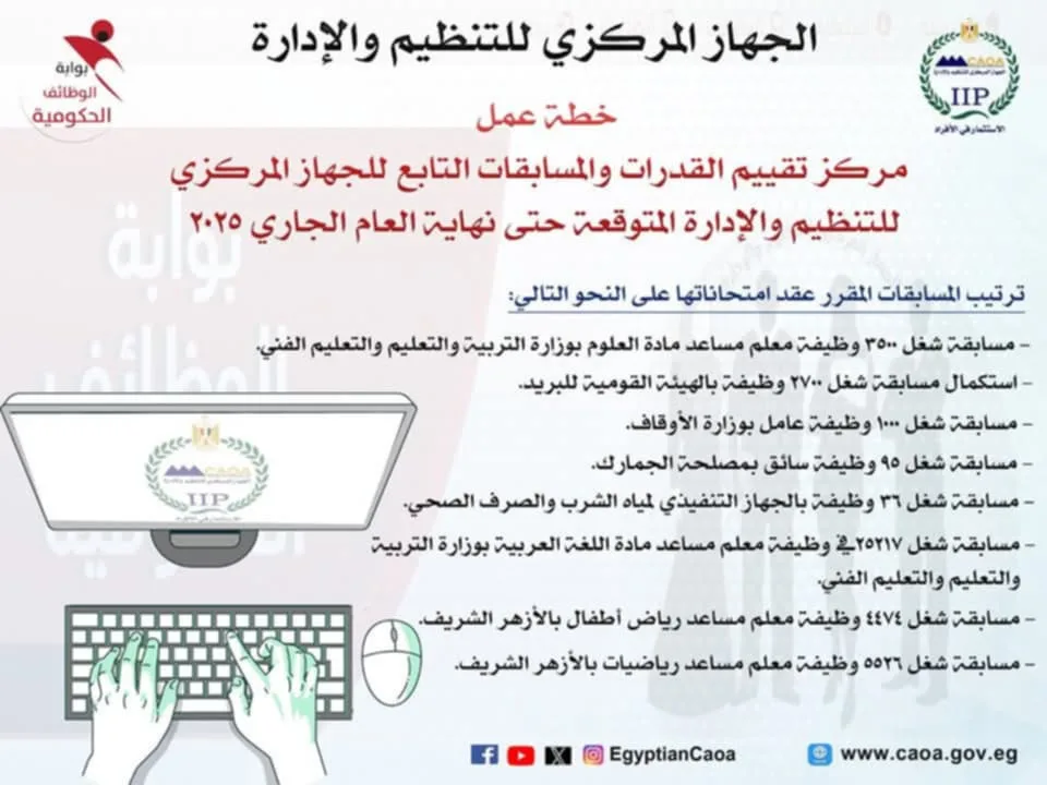 التنظيم والإدارة يكشف عن جداول امتحانات مسابقات التوظيف في الدولة المقررة حتى نهاية السنة الحالية. التنظيم والإدارة يكشف عن جداول امتحانات مسابقات التوظيف في الدولة المقررة حتى نهاية السنة الحالية.