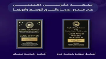 هيئة الطيران المدني تحصل على جائزتين ذهبيتين لأفضل مركز اتصالات وأفضل خدمة عملاء في أوروبا والشرق الأوسط وإفريقيا.