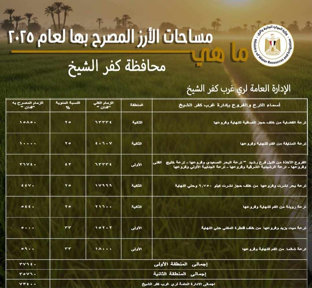 خطة لتوفير المياه لمحصول الأرز بمساحة 189،8 ألف فدان في كفر الشيخ