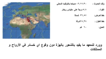 في عمق 60 كم.. “المركز الفلكي” يوضح تفاصيل الزلزال الذي حدث اليوم.