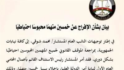 إطلاق سراح 50 محتجزًا احتياطيًا بقرار من النيابة العامة إطلاق سراح 50 محتجزًا احتياطيًا بقرار من النيابة العامة