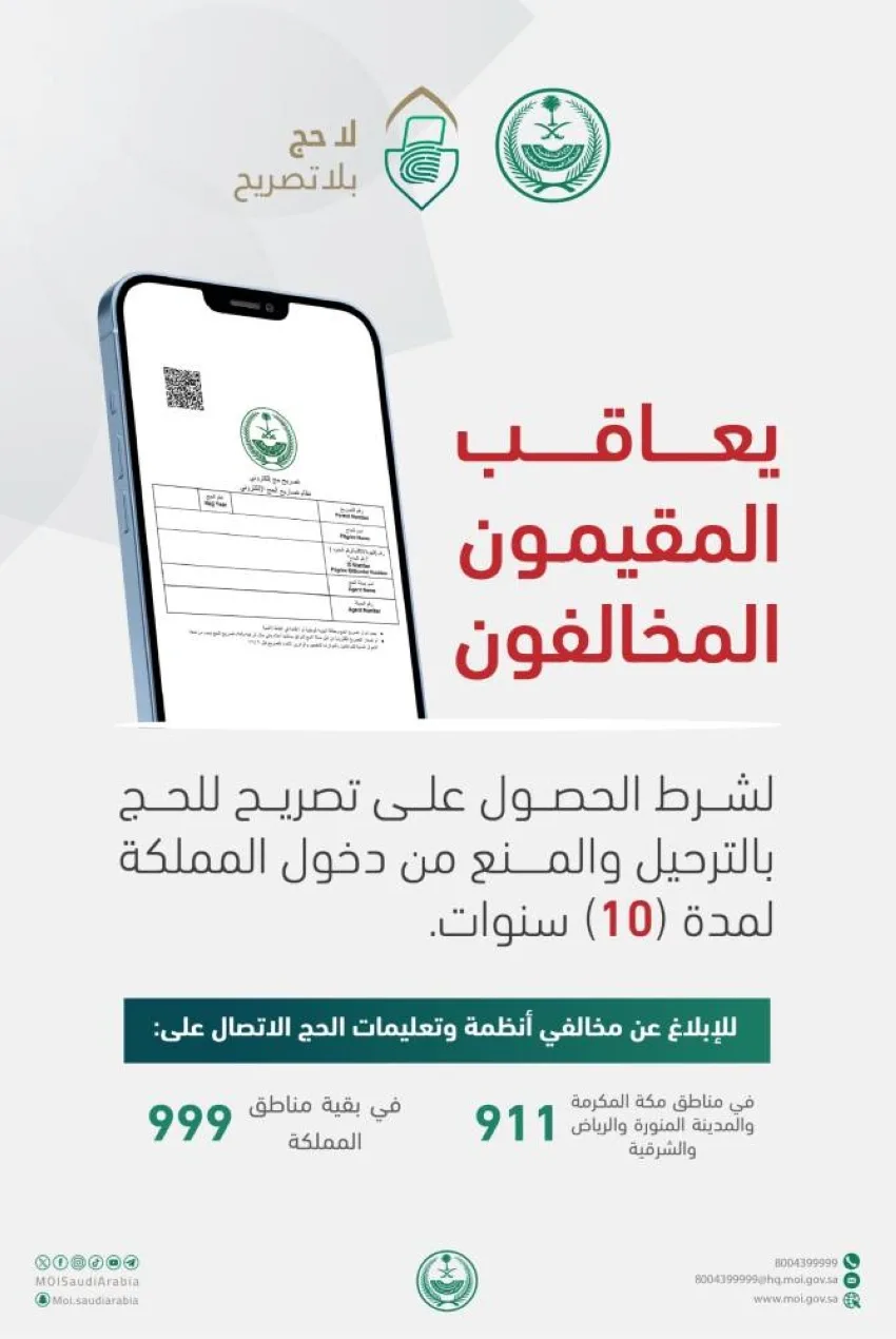 ترحيل ومنع المقيمين المخالفين للحج لمدة عشر سنوات ترحيل ومنع المقيمين المخالفين للحج لمدة عشر سنوات