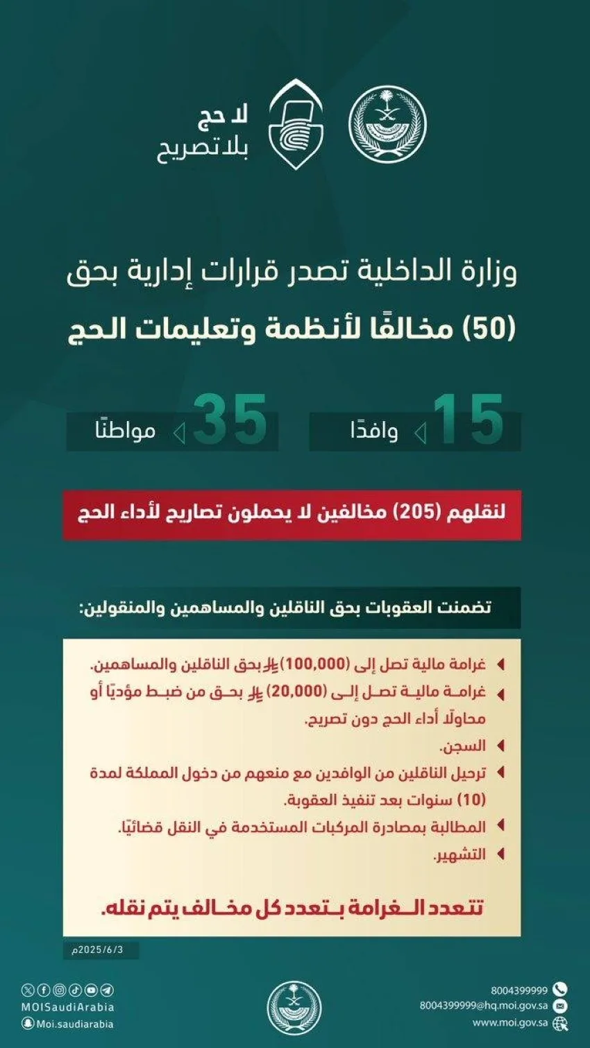 الداخلية: القبض على 50 شخصاً قاموا بنقل 205 مخالفين لتصاريح الحج.