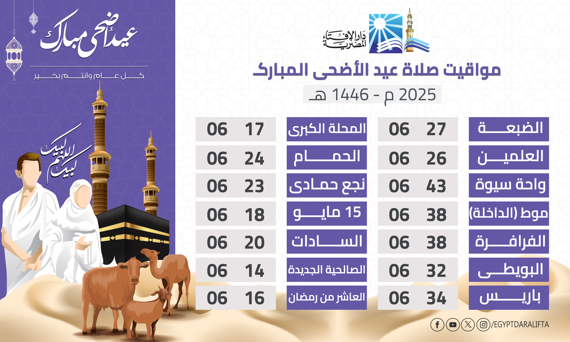 قد تكون صورة ‏‏شخص واحد‏ و‏تحتوي على النص '‏MOA حنحی_هبارک عیردلانح كعلير وَرالِإِتاء المضريح المبارك الأضحى عيد صلاة مواقيت ه 1446 2025 06 17 06 24 27 06 06 23 06 26 الكبرى المحلة الحمام حمادي نجع مايو 15 السادات 06 06 18 43 06 20 06 38 06 الضبعة العلمين سيوة واحة (الداخلة) موط الفرافرة البويطى باريس 14 06 38 الجديدة الصالحية 06 06 16 32 رمضان من العاشر 06 34 /EGYPTDARALIFTA‏'‏‏