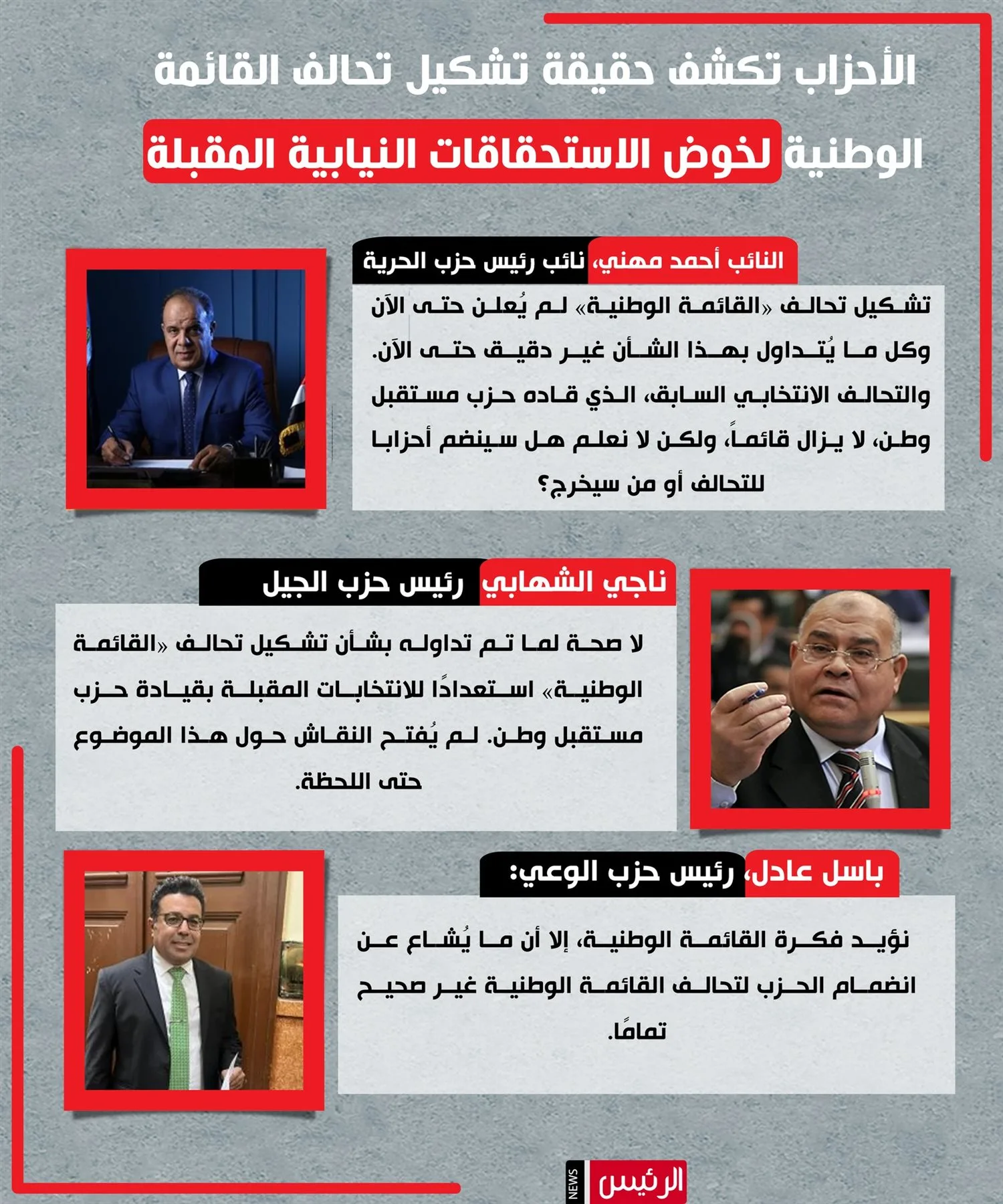 الأحزاب توضح تفاصيل إنشاء تحالف القائمة الوطنية لخوض الانتخابات النيابية القادمة. الأحزاب توضح تفاصيل إنشاء تحالف القائمة الوطنية لخوض الانتخابات النيابية القادمة.