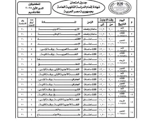 جدول اختبارات الثانوية العامة 2025 لكافة التخصصات جدول اختبارات الثانوية العامة 2025 لكافة التخصصات