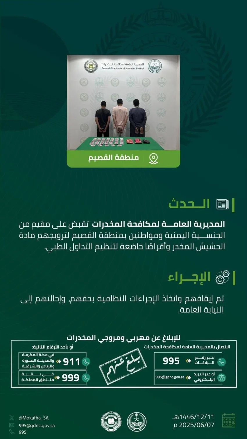 شرطة القصيم تعتقل ثلاثة أفراد بتهمة ترويج المخدرات شرطة القصيم تعتقل ثلاثة أفراد بتهمة ترويج المخدرات