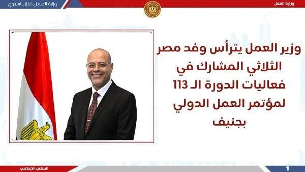 وزارة العمل خلال أسبوع: جبران يقود وفد مصر في مؤتمر العمل الدولي بجنيف، وقرار تاريخي يتم اعتماد فلسطين كعضو مراقب في المنظمة. وزارة العمل خلال أسبوع: جبران يقود وفد مصر في مؤتمر العمل الدولي بجنيف، وقرار تاريخي يتم اعتماد فلسطين كعضو مراقب في المنظمة.
