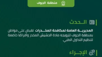 مكافحة المخدرات في الجوف تقبض على مواطن بتهمة ترويج الحشيش والأقراص الطبية المنظمة.
