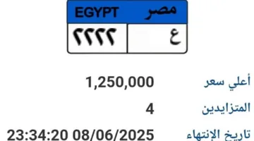 مزاد على لوحة سيارة فريدة “ع-2222” بسعر 1.25 مليون جنيه