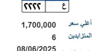 مزاد على لوحة سيارة فريدة بسعر مليون و700 ألف جنيه: “ع- 2222”