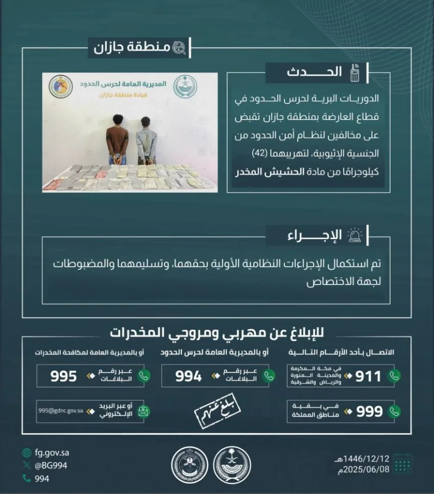إيقاف مهربين بحوزتهما (42) كيلوغرامًا من الحشيش في العارضة إيقاف مهربين بحوزتهما (42) كيلوغرامًا من الحشيش في العارضة
