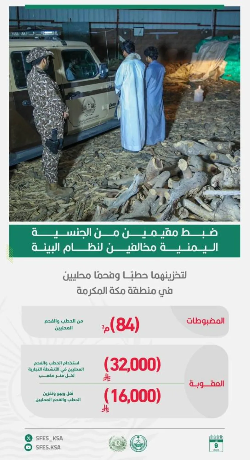 إلقاء القبض على اثنين يمارسان تخزين (84) م3 من الحطب والفحم بشكل مخالف لنظام البيئة في منطقة مكة إلقاء القبض على اثنين يمارسان تخزين (84) م3 من الحطب والفحم بشكل مخالف لنظام البيئة في منطقة مكة