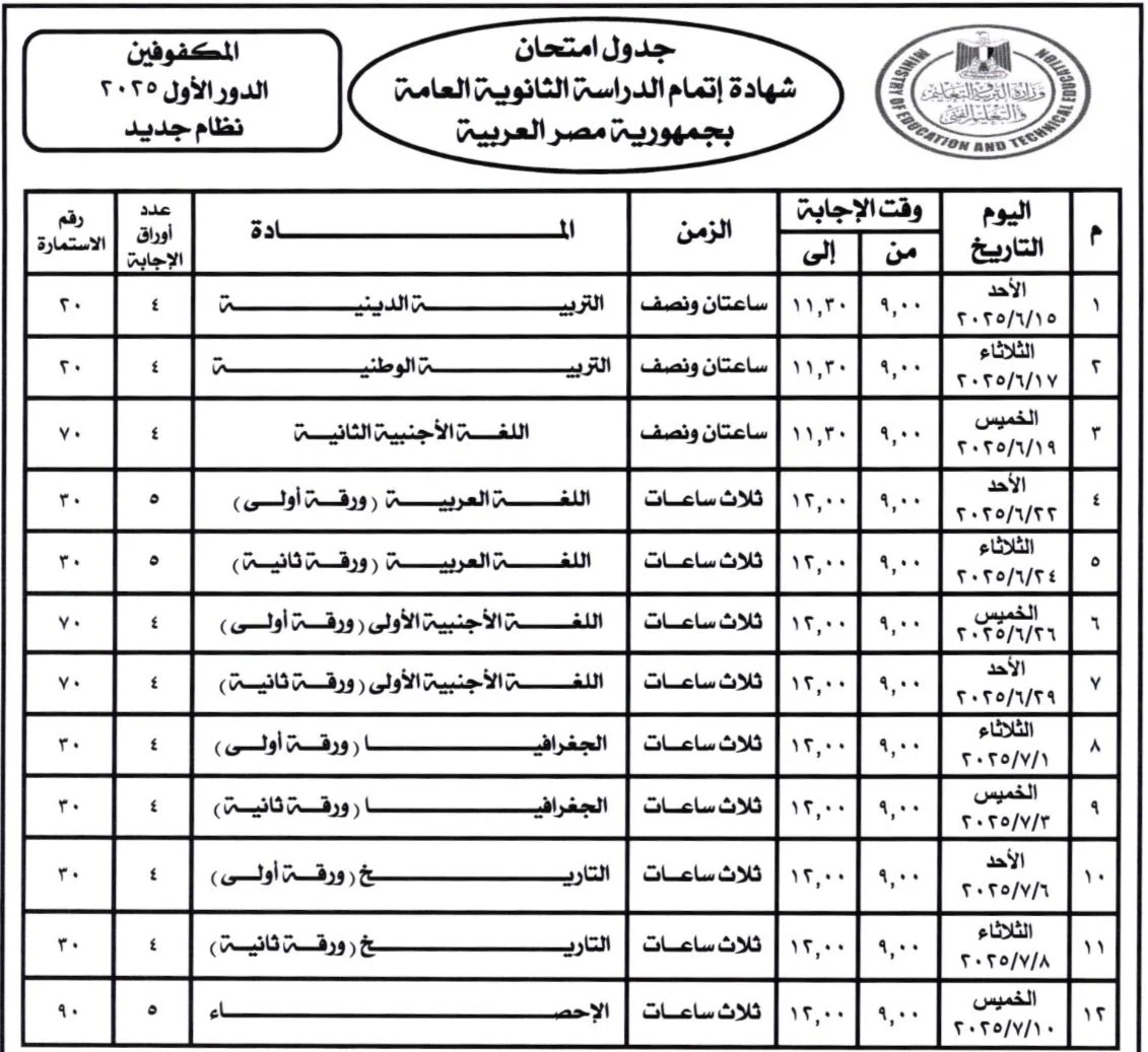 جدول امتحانات الصف الثالث الثانوي النظام الجديد 2025