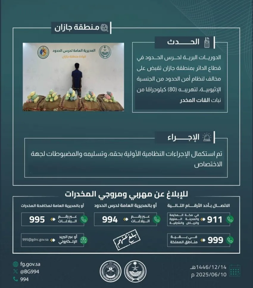 اعتقال شخص لممارسته تهريب (80) كجم من القات في الدائر اعتقال شخص لممارسته تهريب (80) كجم من القات في الدائر